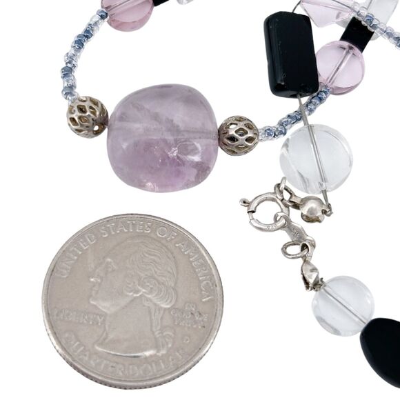 Vintage Sterling Silver 925 Purple Amethyst Crystal Glass Beaded Necklace 18" - Picture 2 of 4